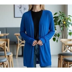 J. Jill Wearever Cardigan Tunic Top Blue SZ Med Semi Sheer Long Button Down